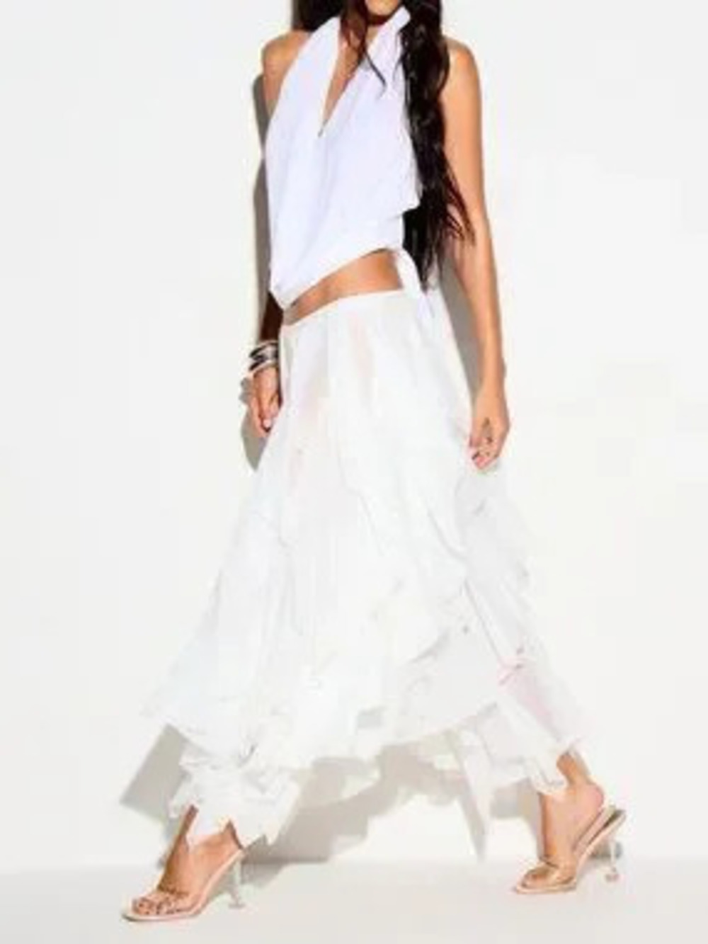 White Elegant Women's Chiffon Layers and Asymmetric Hem Trousers